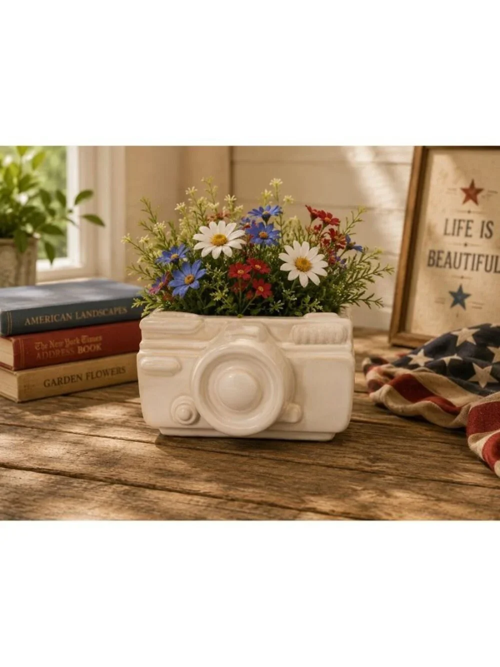 New Vintage White Camera Ceramic Indoor Outdoor Planter Catus Succulent Pot
